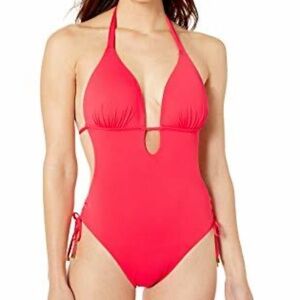 Bar III One-Piece Swimsuit – Halter Plunge Cutout – Size Small - Coral